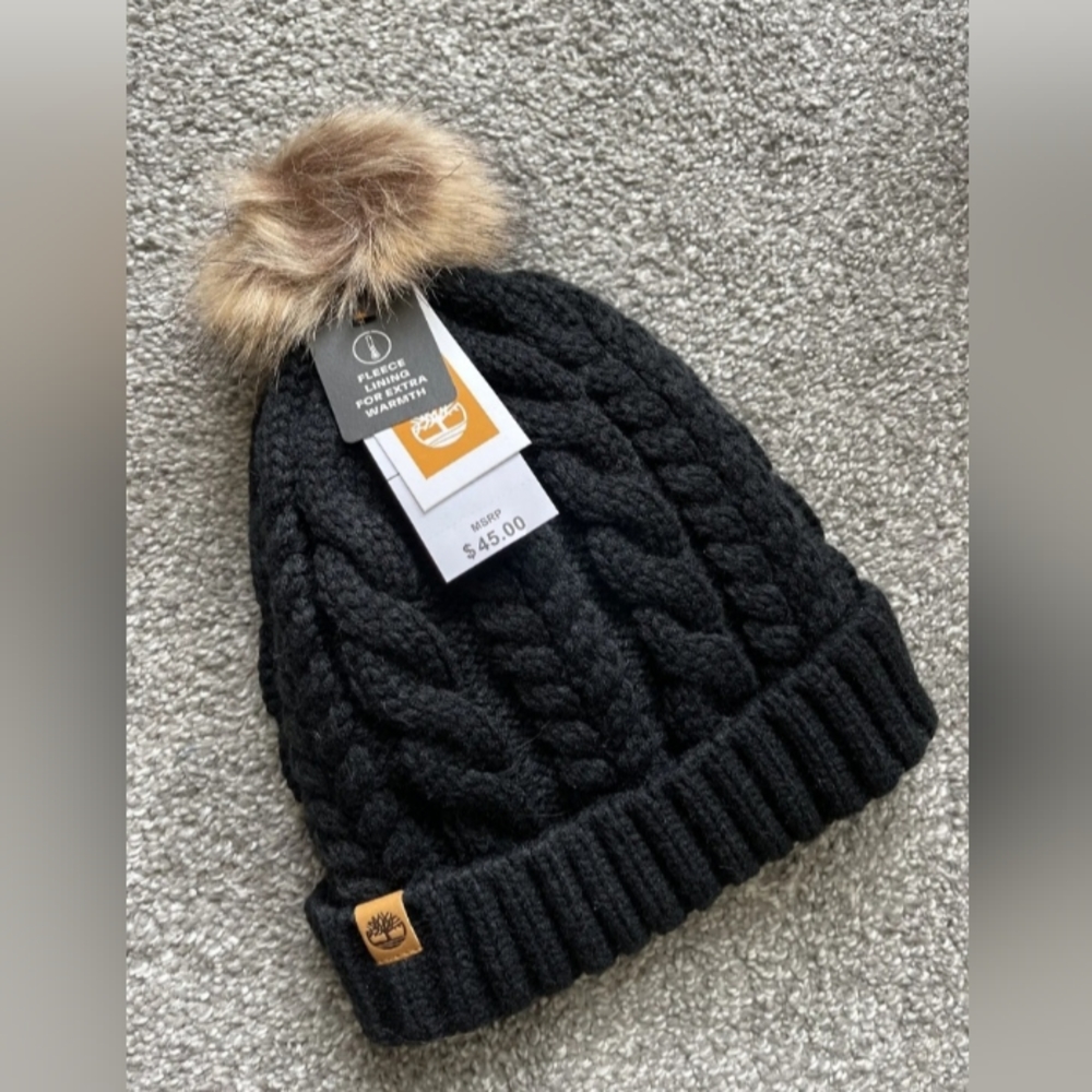 Timberland Women’s Black Cable Pom Pom Knit Beanie